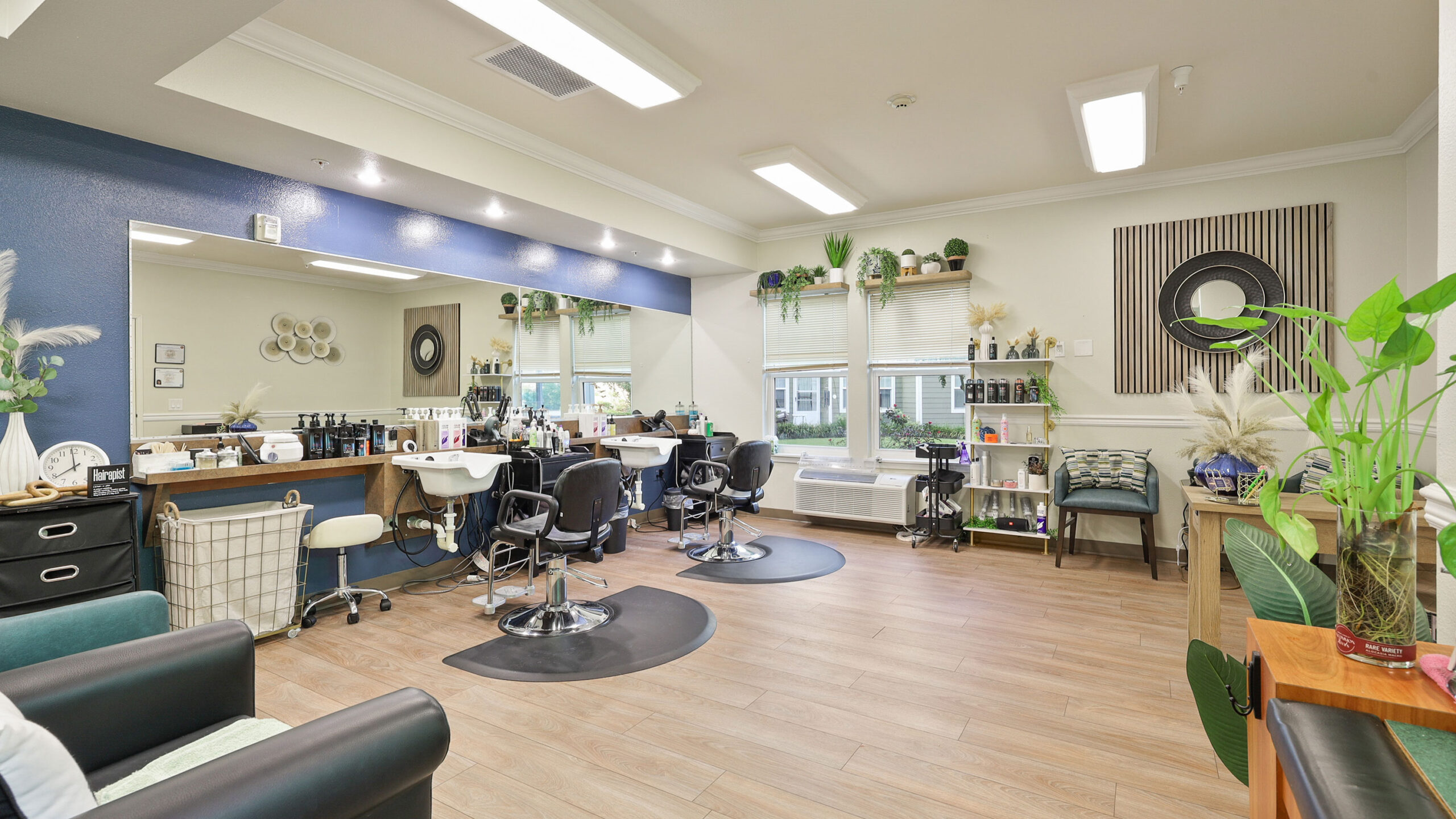 A bright, modern hair salon with three styling chairs, large mirrors, plants, and shelves with hair products. The space has wood flooring, blue and white walls, and large windows letting in natural light.