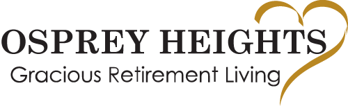 Logo of Osprey Heights Gracious Retirement Living, featuring the name in bold black letters and a stylized, gold double-heart design on the right.