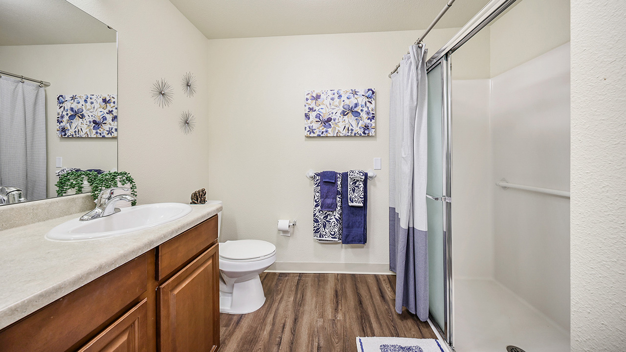 A clean, modern bathroom with a wood floor, brown vanity, white sink, toilet, and a glass-door shower. Blue and white towels hang on the rack, and blue floral wall art decorates the space.