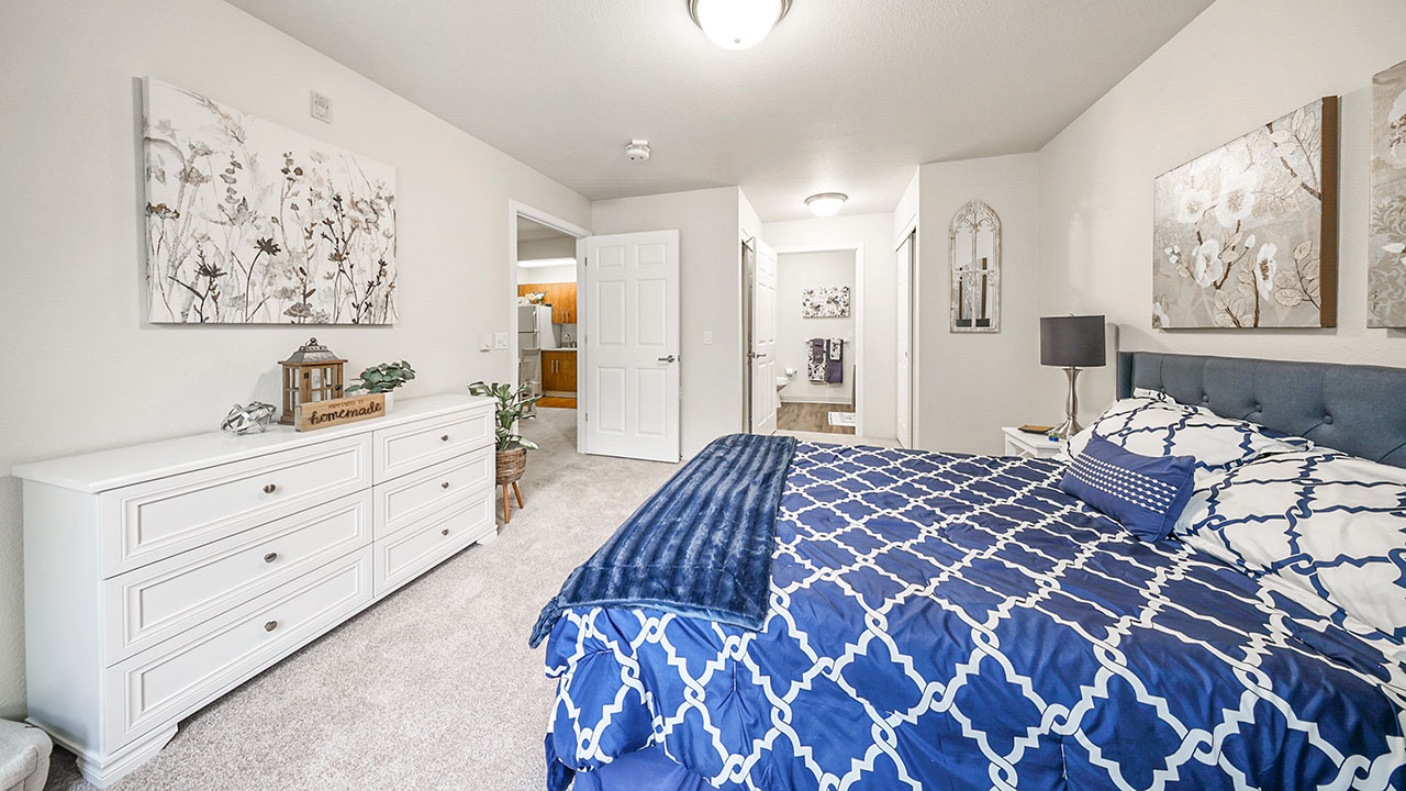 A bright bedroom with a blue and white patterned bed, white dresser, artwork on the walls, and a view into a bathroom and hallway with open doors. The room has neutral walls and carpeted floors.