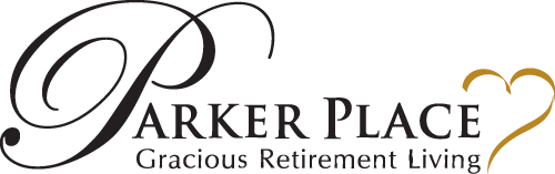 Logo image featuring the text "Parker Place Gracious Retirement Living" in elegant black font. A golden heart shape fades into the text from the right side, creating a warm and inviting feel.