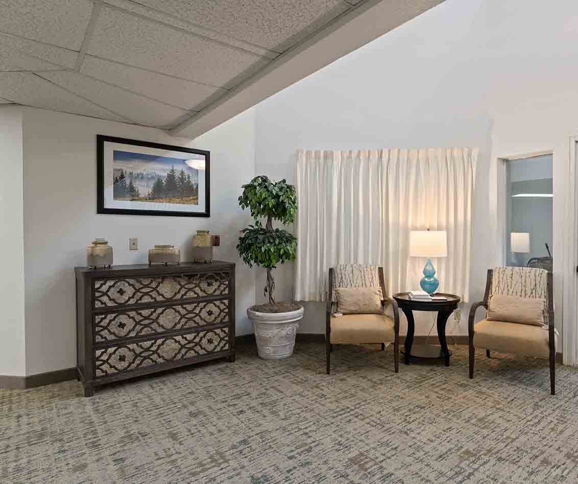 A well-lit waiting area with a patterned cabinet topped with decorative items on the left, a potted plant next to it, and two beige upholstered chairs with a small table between them on the right. A framed landscape photograph hangs on the wall above the cabinet.