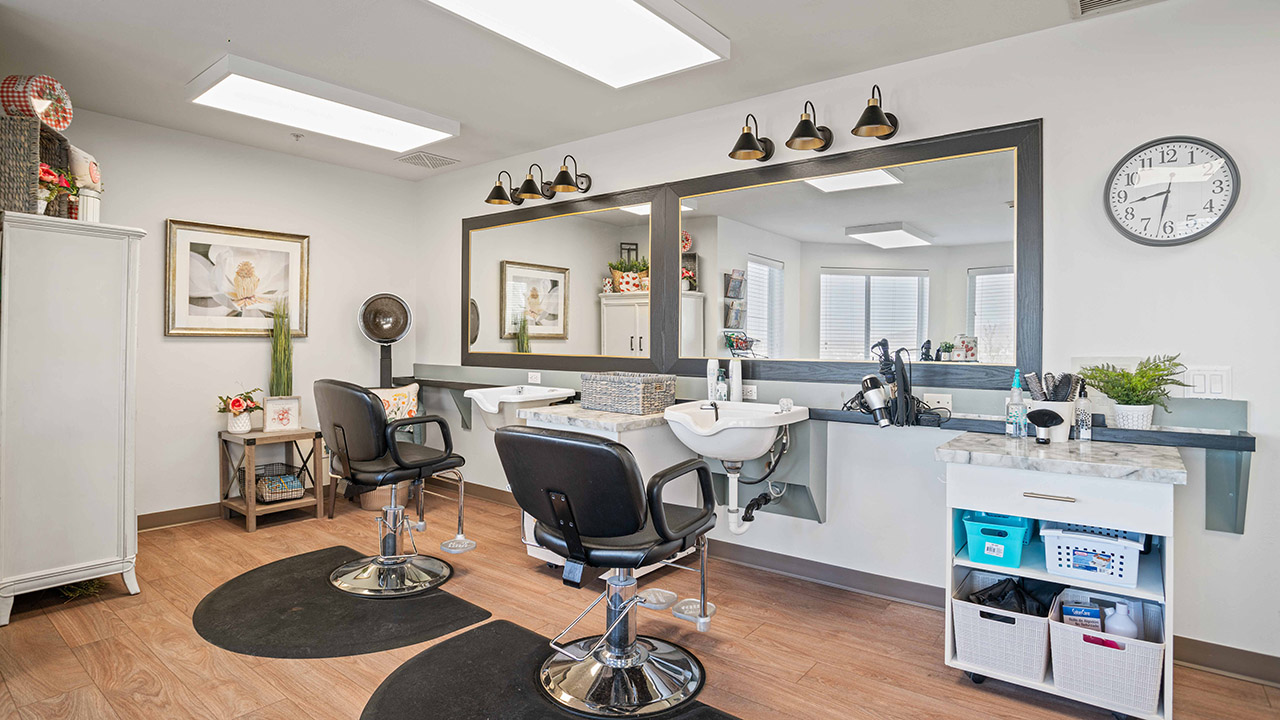 A bright, modern salon with two black styling chairs, mirrors, sinks, and shelves with hair products. The room has wood floors, wall art, a clock, and decorative plants.