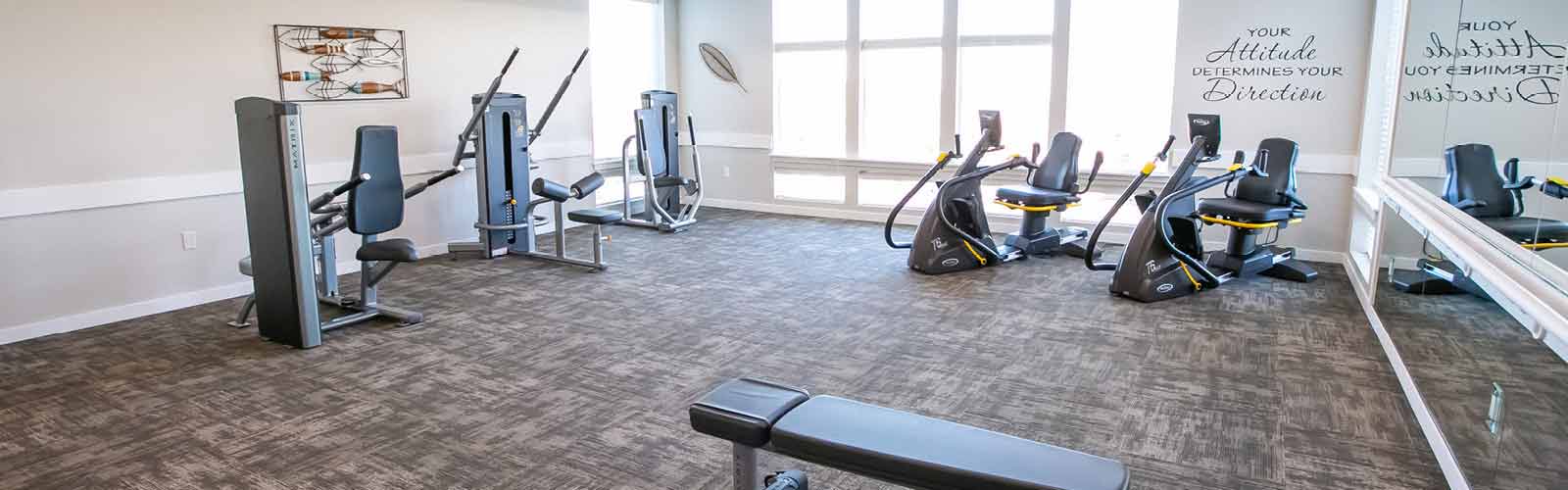 A bright gym with large windows and various exercise machines, including stationary bikes and weight machines. A motivational quote is on the wall next to large mirrors, and the carpeted floor complements the modern design.