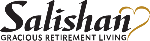 The image is a logo for Salishan Gracious Retirement Living. The word "Salishan" is in a large, elegant font with a gold heart shape integrated into the logo. Below, in smaller text, it says "Gracious Retirement Living.