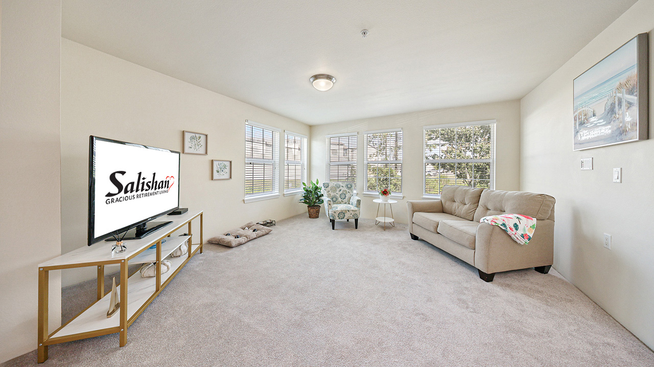 Bright, spacious living room with large windows, beige carpet, a tan sofa, armchair, TV on a stand, artwork on the walls, potted plant, and dog bed on the floor.