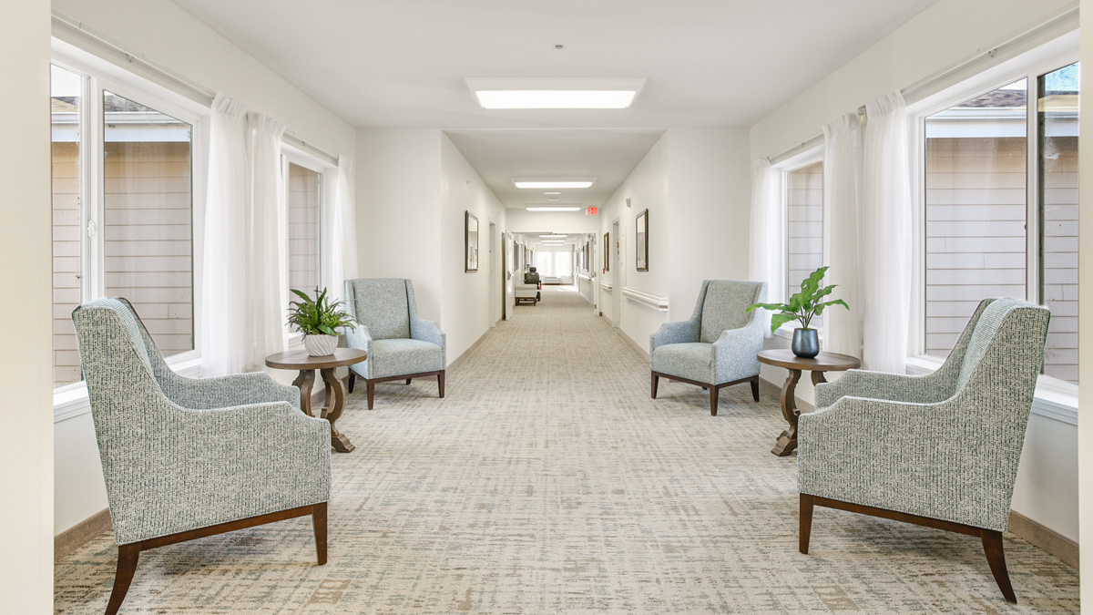 A bright hallway with large windows on both sides, four upholstered armchairs arranged in pairs with small tables between them, and potted plants on each table. Framed pictures hang on the walls.