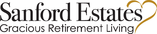 Sanford Estates Gracious Retirement Living" logo featuring the name in elegant black font with a golden heart design integrated at the end. The tagline "Gracious Retirement Living" is written below the name in smaller, matching font.