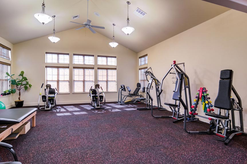 A well-lit fitness room with multiple exercise machines including leg press, chest press, and pull-down machines. There is a set of colorful dumbbells on a rack and a few fitness balls on the left. The room has large windows and ceiling lights.