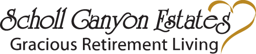 Scholl Canyon Estates Gracious Retirement Living" logo is shown in elegant black font with a gold heart design incorporated in the upper right corner.