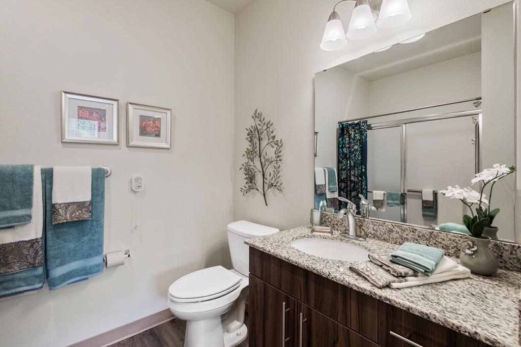 A modern bathroom with a granite countertop, wooden cabinetry, and a large mirror with overhead lighting. There is a white toilet, towel rack with blue and white towels, floral wall art, and a glass-enclosed shower with a blue floral curtain.