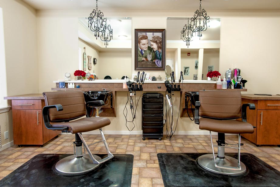 A hair salon interior with two brown barber chairs in front of mirrors, each chair placed on a black mat. The wall features a framed photo, and the counters have hair styling tools, products, and decorative red flowers. Chandeliers hang from the ceiling.