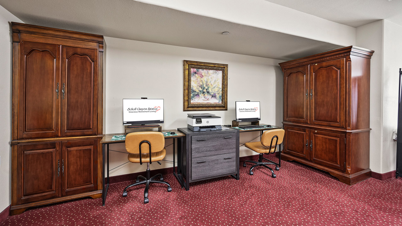 Two wooden desks with beige chairs and computers sit side by side in a hotel business center, separated by a printer on a central cabinet, with wooden cabinets and a framed painting above on a red carpeted floor.