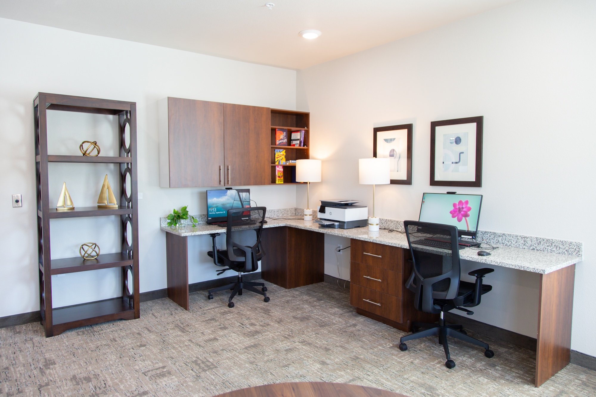 A modern office space featuring two wooden desks with black office chairs, computers, and a printer. The walls have framed abstract art. A shelving unit holds decorative items and a potted plant. The room is well-lit and has a neutral color scheme.