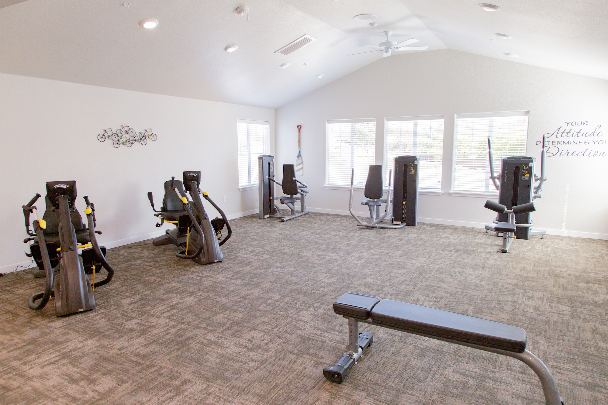 A bright, spacious gym with exercise machines and a bench on a carpeted floor. Sunlight streams through large windows. A motivational quote on the wall reads, 