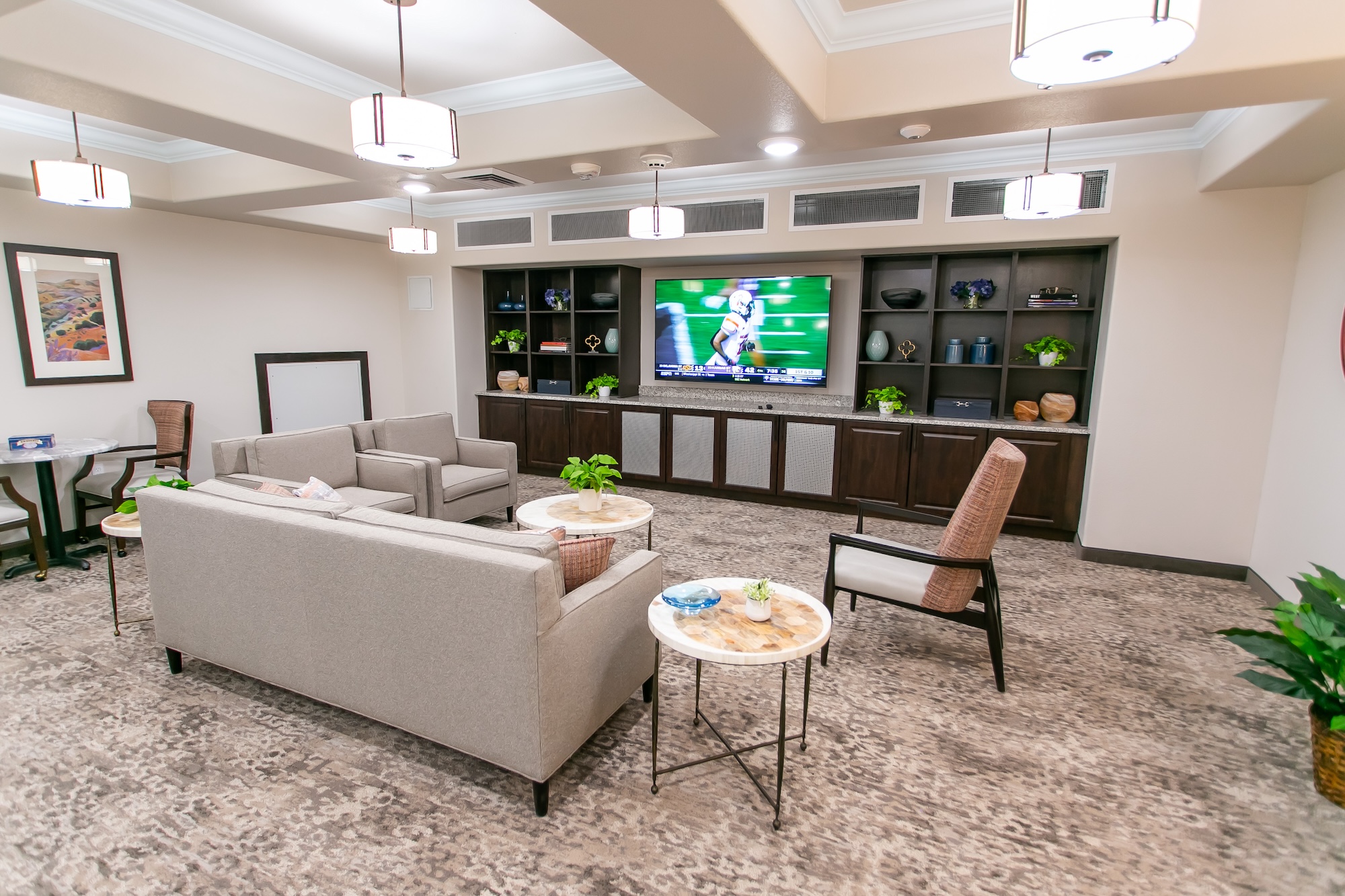 A modern living room features a large flat-screen TV displaying a football game. There's a gray sectional sofa, two chairs, decorative plants, and a console with shelves behind. Soft lighting and light-colored carpet create a cozy atmosphere.