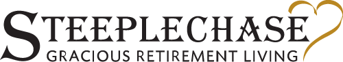 The logo features the word "STEEPLECHASE" in a stylized font with a heart shape forming the top part of the letter "L." Below it, the text "GRACIOUS RETIREMENT LIVING" is written in smaller, uppercase letters.