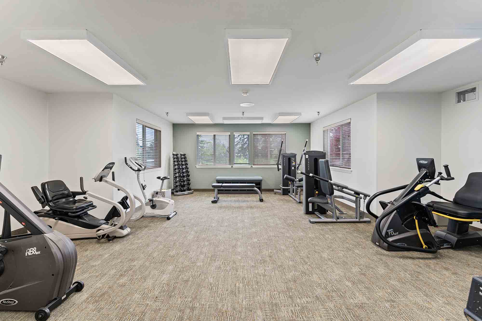 A well-lit gym room with various exercise equipment including stationary bikes, an elliptical machine, a weight bench, and a rack of free weights. The room has beige carpeted flooring and large windows letting in natural light.