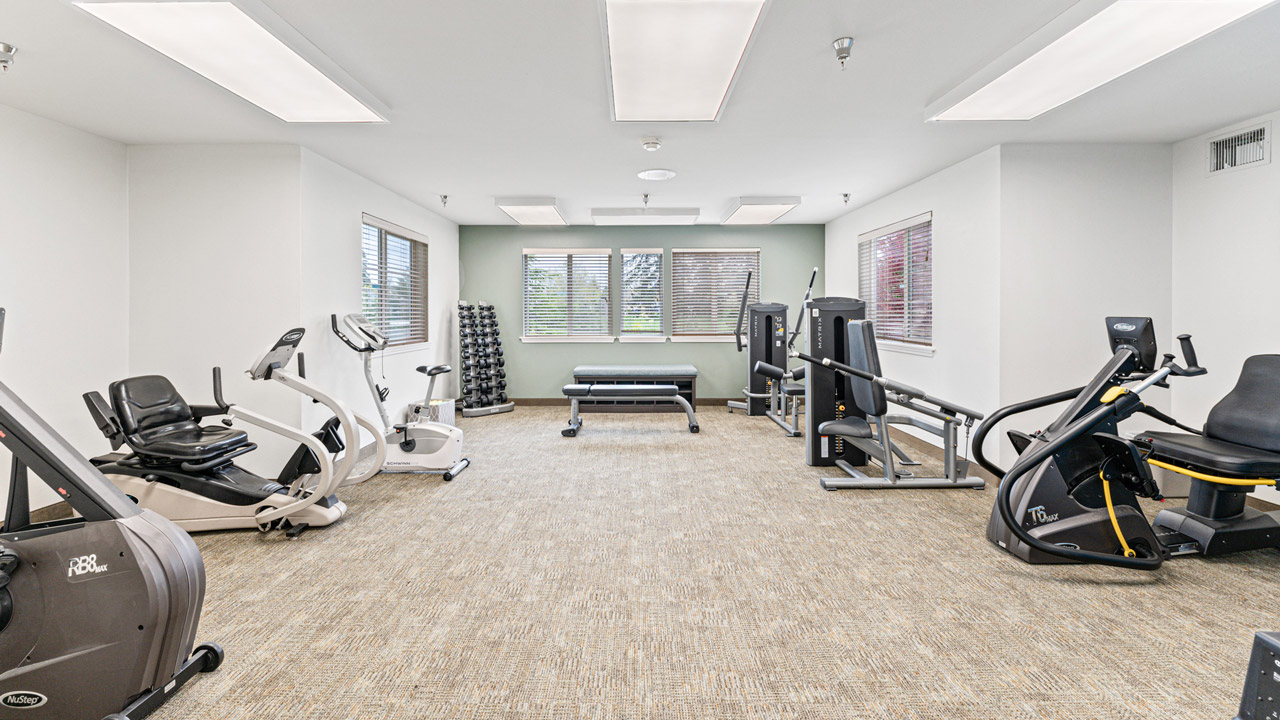 A modern gym room with exercise bikes, weight machines, a bench, and a rack of dumbbells, featuring large windows with blinds letting in natural light. The room has neutral-colored walls and carpeted flooring.
