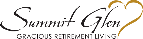 Summit Glen Gracious Retirement Living" logo in elegant script, with a gold heart shape integrated into the design to the right of the text.