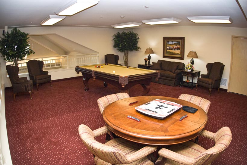 A room with a pool table and a round table for board games. The room has brown chairs, a sofa, and two floor lamps. There are two large potted plants and a framed painting on the wall, with red carpeted flooring and overhead fluorescent lighting.