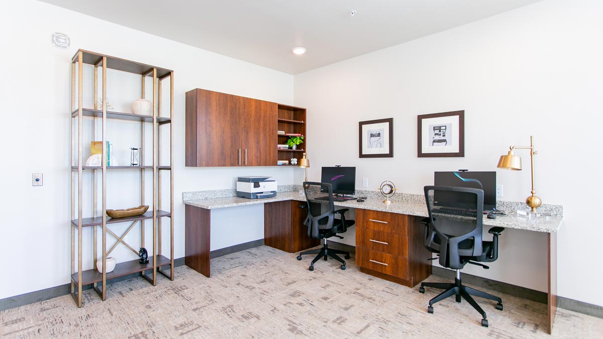 A modern office space featuring two workstations with computers and office chairs on a granite desk. The walls are adorned with framed pictures. A tall, open shelving unit holds decorative items, and a printer is placed on the corner of the desk.