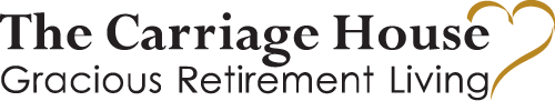 Logo of The Carriage House with the tagline "Gracious Retirement Living." The text is in black, accompanied by a stylized gold heart on the right side.