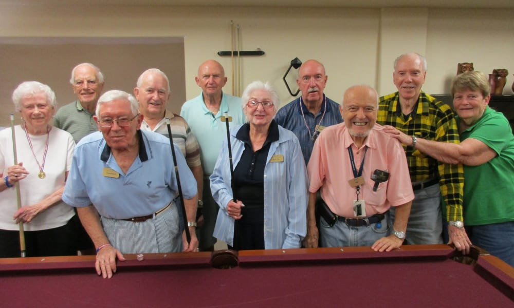 A group of nine elderly individuals, both men and women, standing behind a pool table and smiling at the camera. Some are holding pool cues. They are dressed casually and appear to be enjoying a social activity in a community setting.