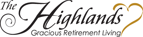 Logo for The Highlands, Gracious Retirement Living, featuring elegant black cursive font. The word "Highlands" is prominent, and there is a gold heart shape partially encircling the text.
