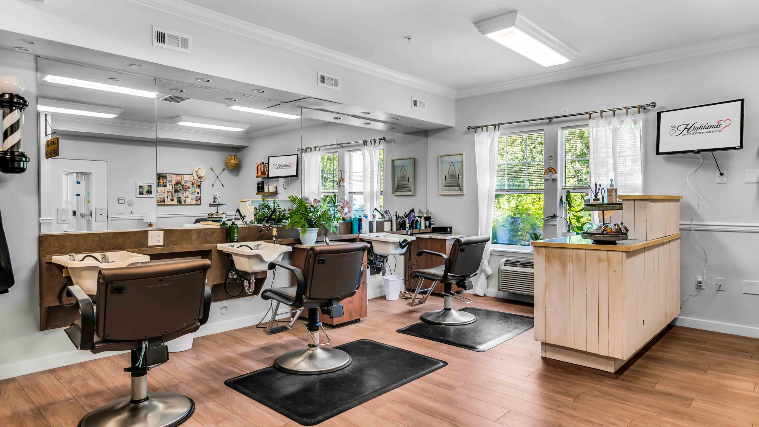A bright, modern barbershop with three brown salon chairs facing large mirrors, a wooden counter, potted plants, and sunlight streaming in through large windows. The space is clean, tidy, and inviting.