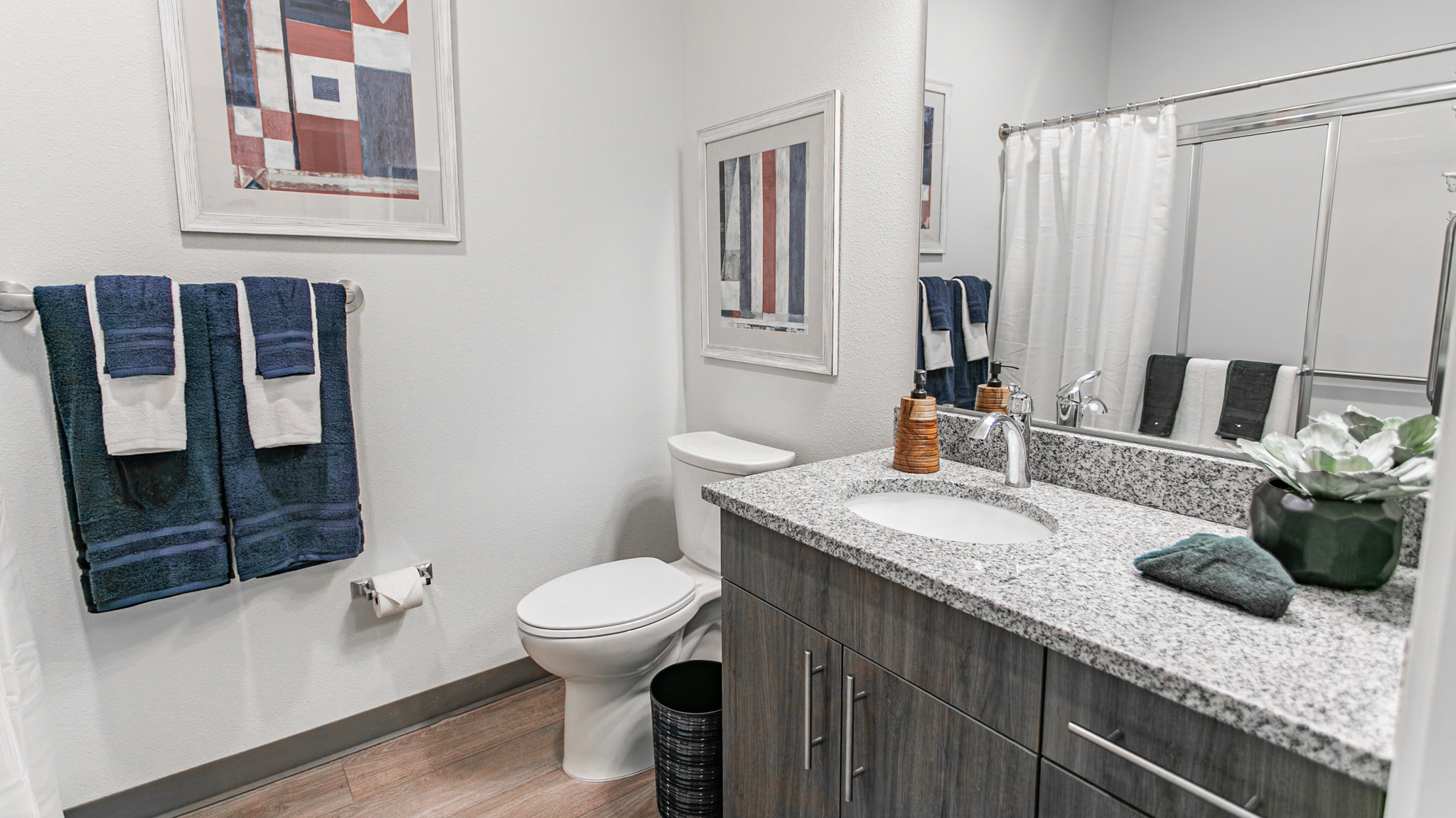 Modern bathroom with a granite countertop, sink, mirror, toilet, towel rack with blue towels, abstract wall art, potted plant, and wood-style flooring. Shower with a glass door is visible in the reflection.