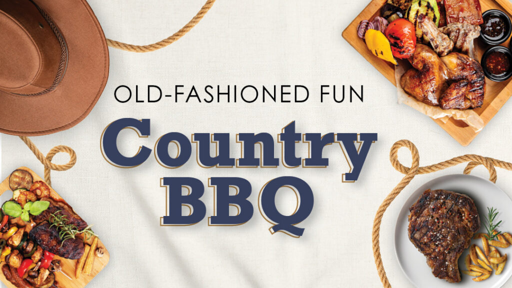 Brown cowboy hat and plates of grilled meats and vegetables surround the text “Old-Fashioned Fun Country BBQ” on a light fabric background with rope accents, evoking a rustic barbecue theme.