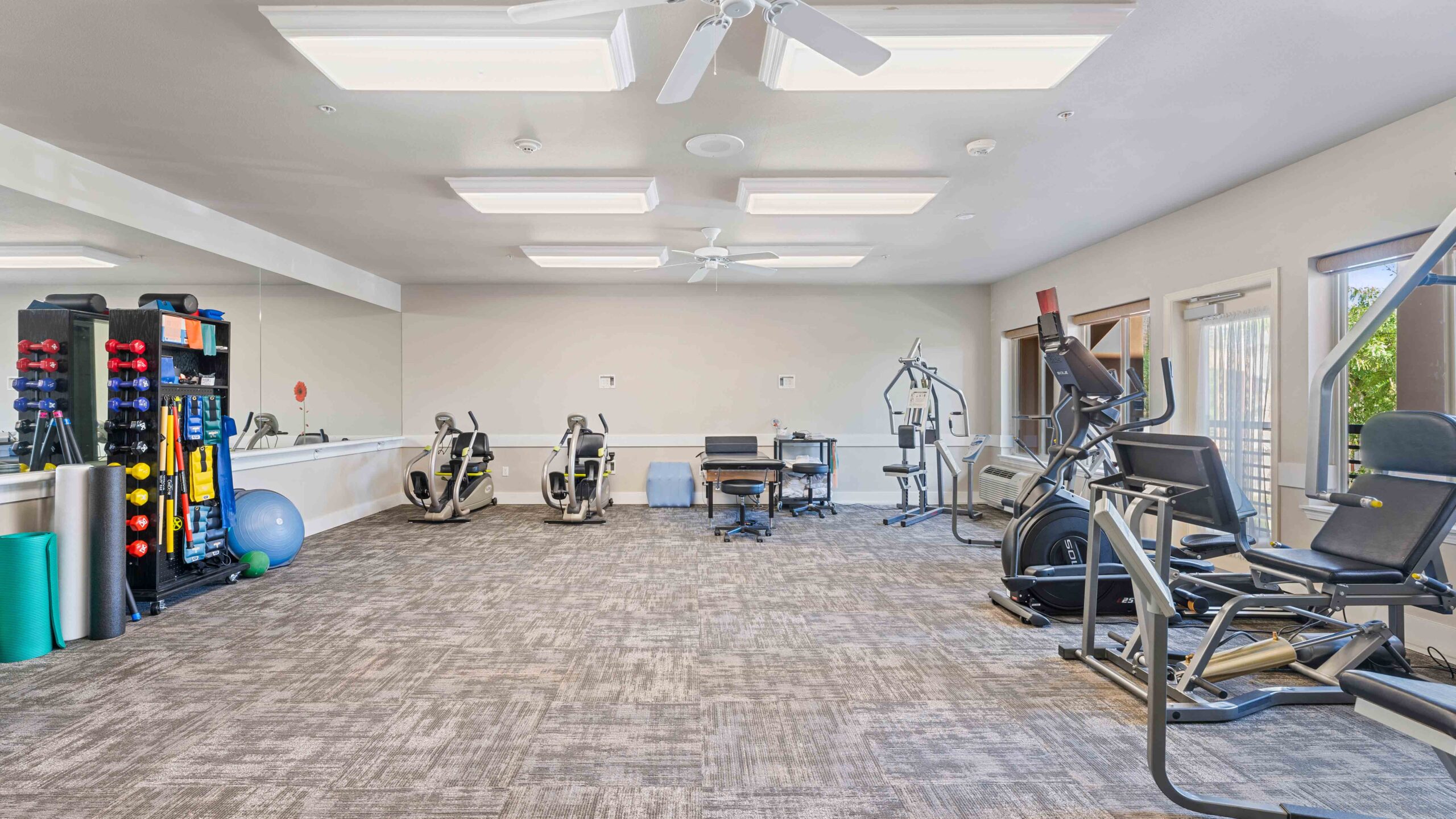 A spacious fitness room with exercise equipment, including stationary bikes, ellipticals, weights, a balance ball, and mats, on a carpeted floor with large windows and ceiling fans.