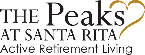 Logo of "The Peaks at Santa Rita," an active retirement living community. The text is in a black serif font, with the word "Peaks" featuring a stylized heart shape replacing the letter "k.