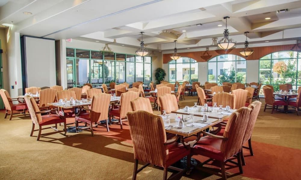 A spacious, well-lit dining area with many tables set for a meal. Each table is surrounded by plush, cushioned chairs and neatly arranged with white napkins, glasses, and utensils. Large windows on one side provide natural light and offer a view of greenery outside.