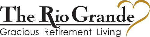 Logo for "The Rio Grande Gracious Retirement Living." The text is in elegant black font with two gold heart shapes intertwined and overlapping to the right of the word "Grande.