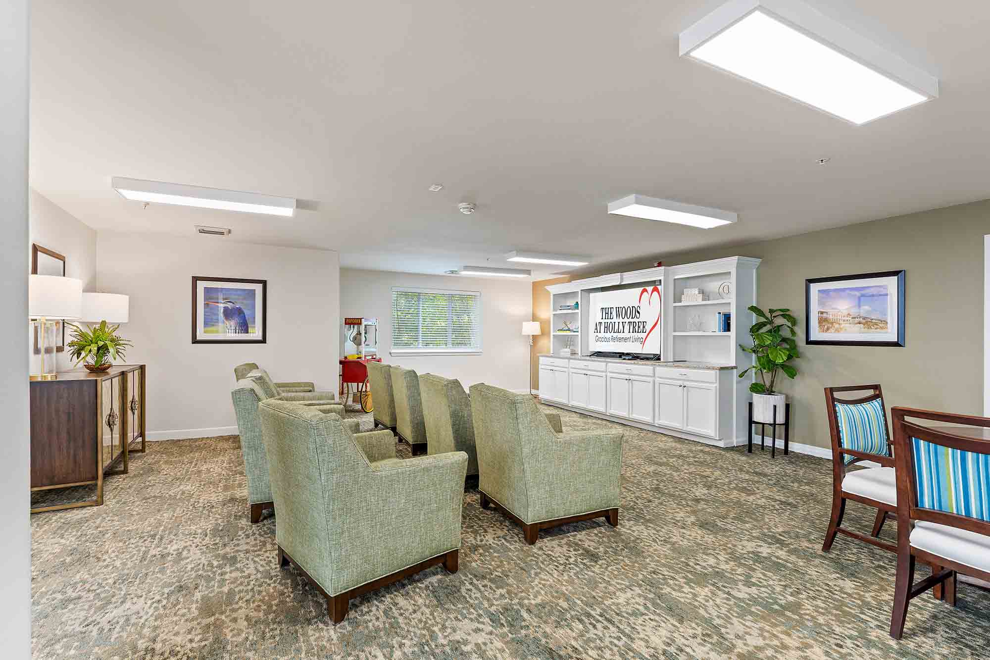 A well-lit, cozy room with multiple green armchairs arranged in rows facing a wall-mounted TV. The room features framed pictures, potted plants, and a console table. Two blue-striped chairs are placed on the right, near a large window with blinds.