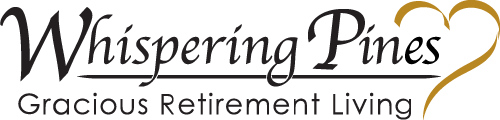 Logo of Whispering Pine Gracious Retirement Living featuring elegant cursive text and a stylized heart design.