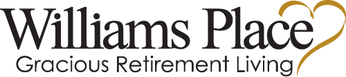 The image shows the logo for Williams Place, a retirement community. The text reads "Williams Place - Gracious Retirement Living" with a stylized heart shape in yellow to the right of the text.