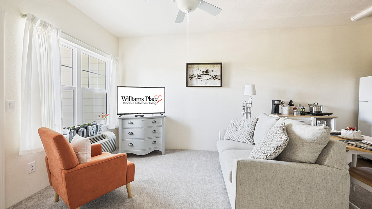 A bright living room with cream walls, a gray sofa, an orange armchair, a TV on a dresser displaying "Williams Place," a coffee station, a refrigerator, and a window with sheer curtains letting in natural light.