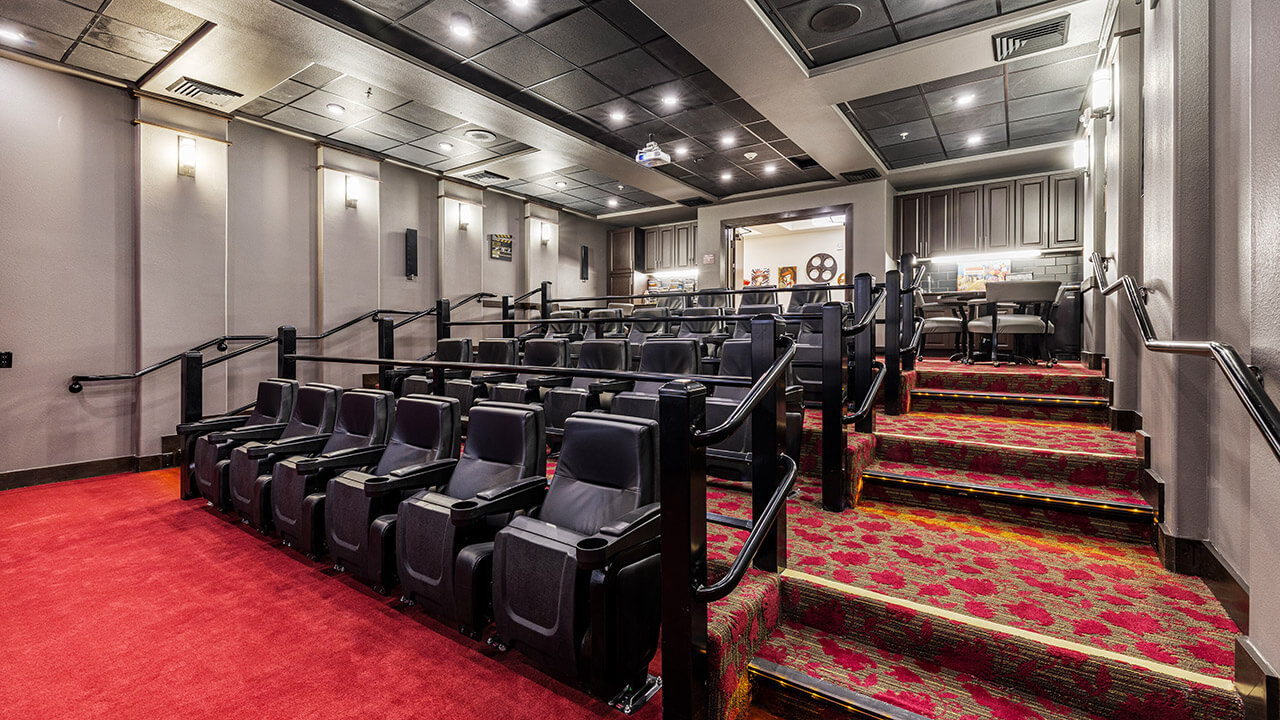A small, modern movie theater with black reclining seats, red carpet, and steps with handrails. The walls are gray, and the projector booth is visible at the back. Movie posters decorate the walls.