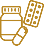 A gold line art illustration of a medicine jar, a capsule, and a blister pack with pills. The jar has a ribbed cap, the capsule is vertically oriented, and the blister pack contains six round tablets.