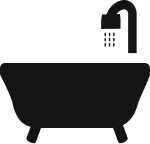 Silhouette of a bathtub with a showerhead attached above, depicted in solid black on a white background.