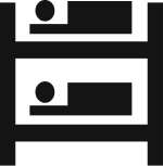 Icon of stacked bunk beds with two figures lying on each bed, one on the top bunk and one on the bottom bunk. The image is presented in a simple, black silhouette style.