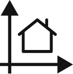 A simple black house icon is positioned between two intersecting lines with arrows, resembling a graph with x and y axes. The house is centered above the intersection, conveying a concept of growth or data in real estate.