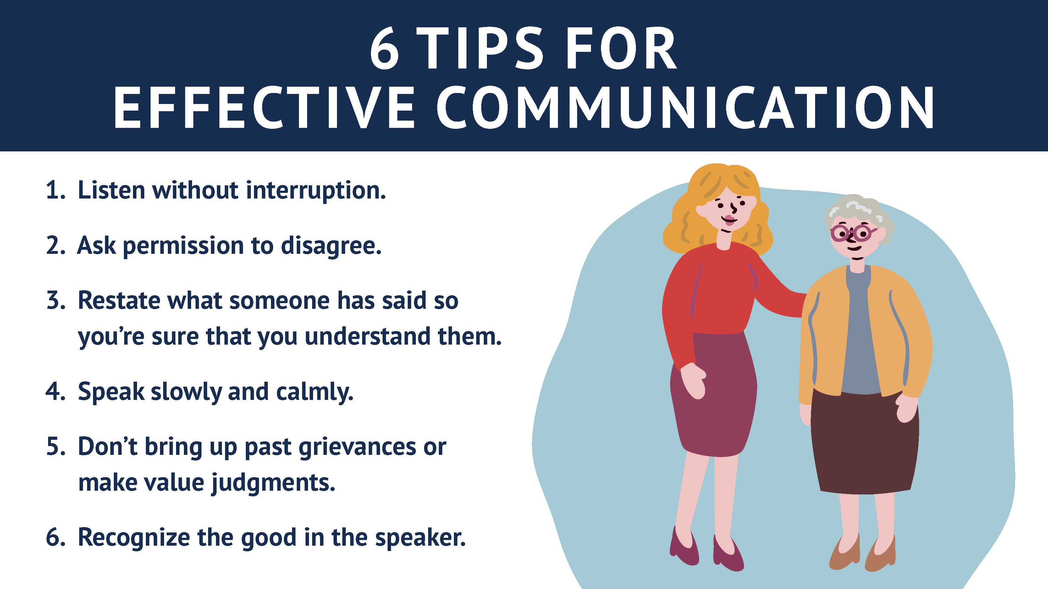 Illustrated image with "6 Tips for Effective Communication" in bold. Features two women, one younger and one elderly, standing together. Listed tips include listening, asking permission to disagree, restating, speaking calmly, avoiding past grievances, and recognizing good.