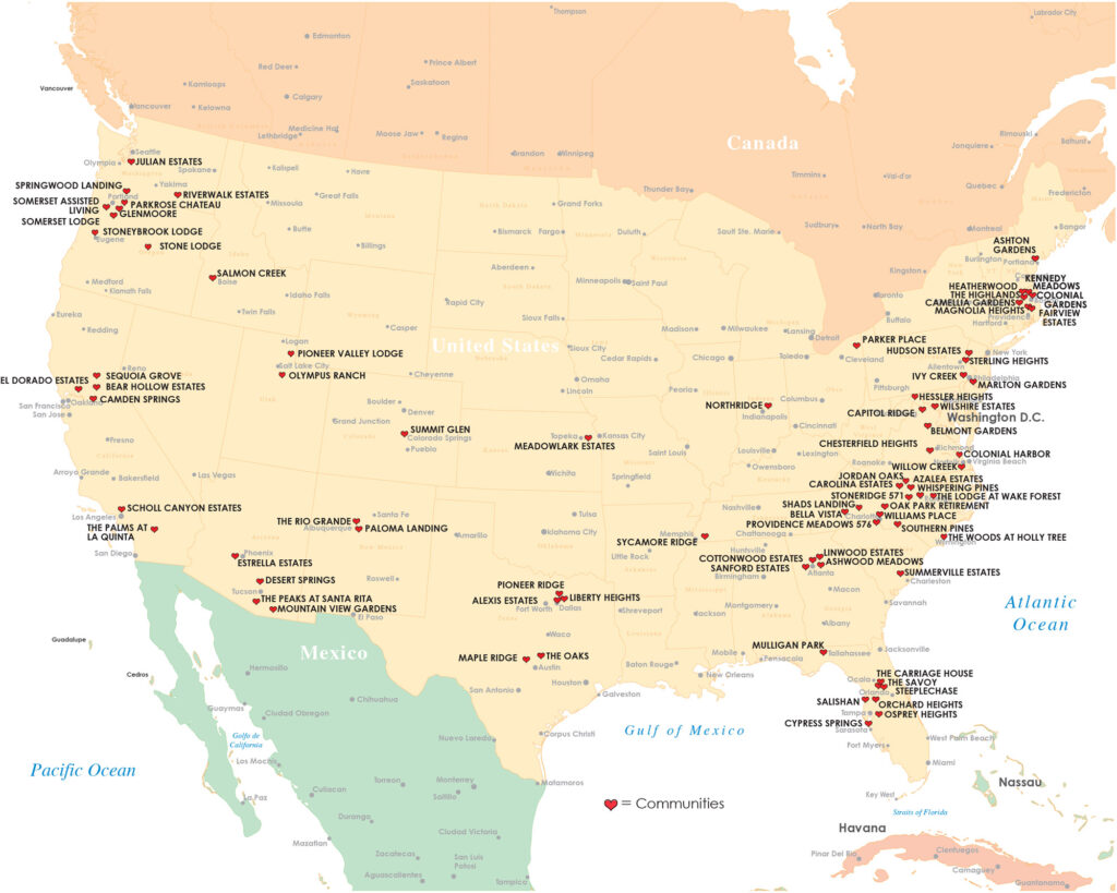 A map of the United States showing locations of 55+ communities, marked with red hearts, distributed across various states with clusters on the East Coast, Florida, and parts of the West and Southwest.