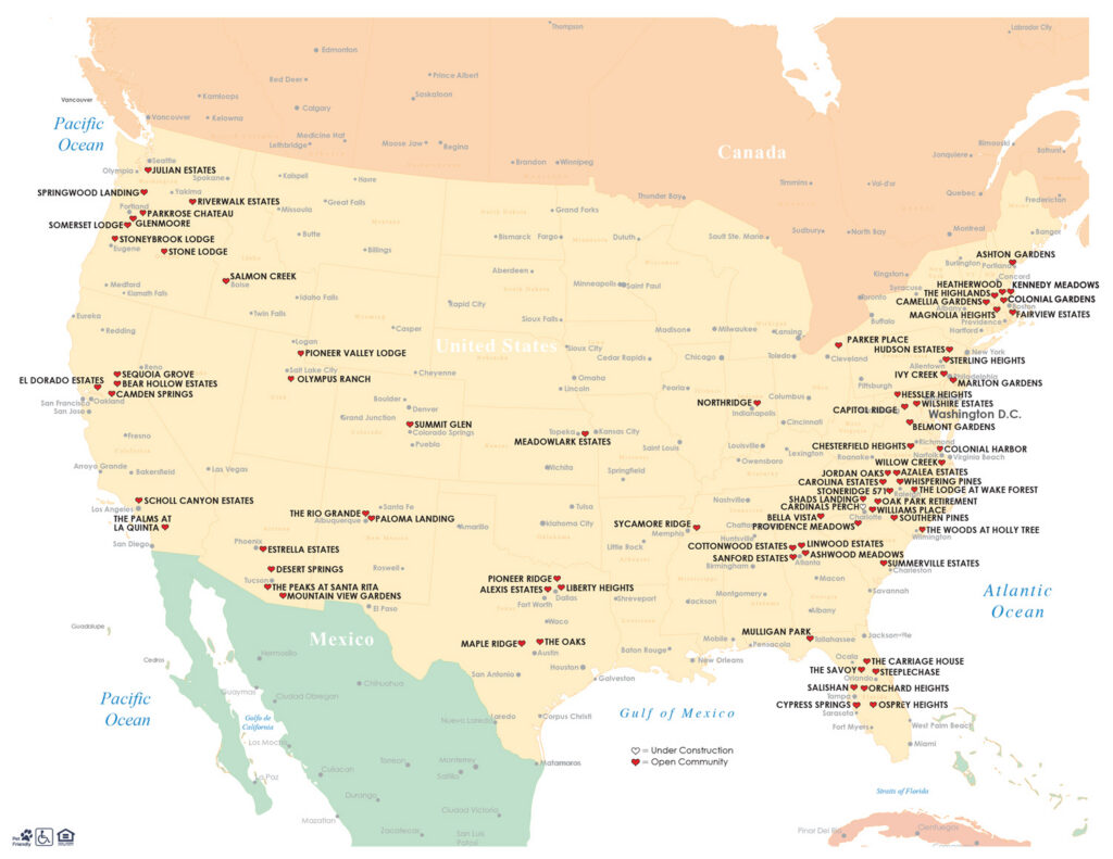 Map of the United States showing locations of Del Webb communities, marked with red and orange circles indicating active and open communities across various states. Major cities and state borders are labeled.